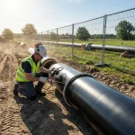 Bauarbeiter prüft die Unversehrtheit der Pipeline-Beschichtung mittels Porenprüfgerät (Holiday Detector) auf einer Baustelle im Freien.