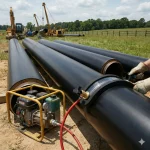 Einsatz einer Anwärmmanschette mit Kompressor zum Vorwärmen von isolierten Pipeline-Rohren auf einer Baustelle im Freien.