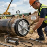 Bauarbeiter montiert einen Rohrprüfstopfen mit Manometer zur Durchführung einer Druckprüfung an einer Pipeline auf der Baustelle.