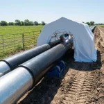 Ein weißes Pop-up-Arbeitszelt ist über zwei parallel verlaufenden, schwarzen Pipelines auf einer ländlichen Baustelle aufgebaut. Unter dem bogenförmigen Zelteingang führt ein Schweißer in Schutzkleidung Arbeiten an einer der Rohrleitungen durch, wobei ein heller Lichtbogen sichtbar ist. Die Szene spielt an einem sonnigen Tag auf trockenem Boden neben einer grünen Wiese und einem Metallzaun.