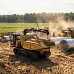 Gelber Raupentopper mit Kran beim Entladen von Holzbalken auf einer Großbaustelle für den Pipeline-Bau im offenen Gelände.