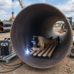 Schweißer nutzt eine fahrbare Holzkufe für ergonomisches Arbeiten bei Schweißarbeiten im Inneren einer großdimensionierten Pipeline.