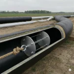 Rohrreinigungsgerüst mit Zugseil im Einsatz zur Innenreinigung und Wartung einer isolierten Pipeline auf freiem Feld.