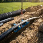 Blaue Rohrrollenzange senkt ein langes Stahlrohr präzise in einen Rohrgraben während Pipeline-Verlegearbeiten auf freiem Feld.