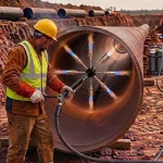 Facharbeiter nutzt einen mehrflammigen Ring-Anwärmbrenner zur gleichmäßigen thermischen Vorbereitung der Rohrinnenseite auf einer Pipeline-Baustelle.