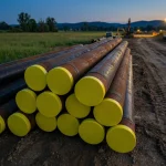 Aufgestapelte Stahlrohre mit gelben Schutzkappen in einem Zwischenlager auf einer Pipeline-Baustelle während der Dämmerung.