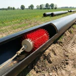 Rote Rohrreinigungsbürste mit Zugseil im Einsatz zur mechanischen Innenreinigung einer großen Pipeline auf freiem Feld.