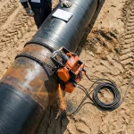Facharbeiter führt eine Kettensäge-Rohrtrennmaschine zur präzisen Bearbeitung eines großen Rohrsegments auf einer Baustelle.