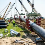 Mehrere Baukräne heben eine Pipeline mit Hilfe von Rollengurten (Cradles) zur Verlegung in den Rohrgraben.