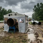 Ein professionelles, hellgraues Schweißerzelt steht auf einer extrem schlammigen Baustelle im Wald bei Regen. Durch ein Fenster des Zelts ist ein Schweißer bei der Arbeit an einer großen Pipeline erkennbar, die auf einem blauen Montagebock lagert. Das Zelt ist mit Dachventilatoren ausgestattet und schützt die Technik vor den widrigen Wetterbedingungen. Im Hintergrund sind weitere Rohrsegmente und Baumaschinen unter einem dunklen, wolkenverhangenen Himmel zu sehen.