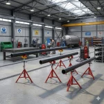 Einsatz von verstellbaren Rohrböcken zur Unterstützung von Stahlrohren bei Schweißarbeiten in einer modernen Industrie-Werkstatt.