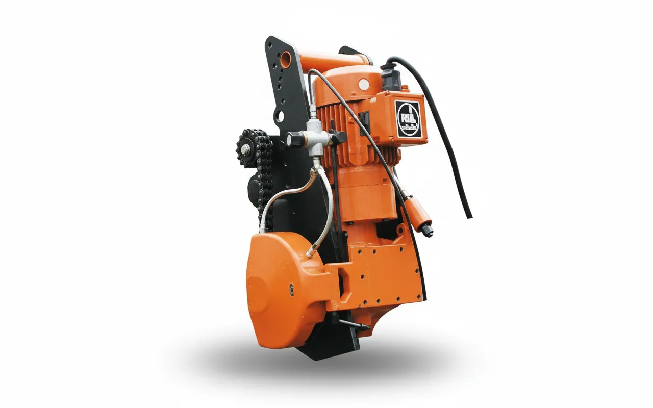 Elektrische Kettensäge-Rohrtrennmaschine in Orange zur präzisen Bearbeitung und zum Trennen von großkalibrigen Rohrelementen als Freisteller.
