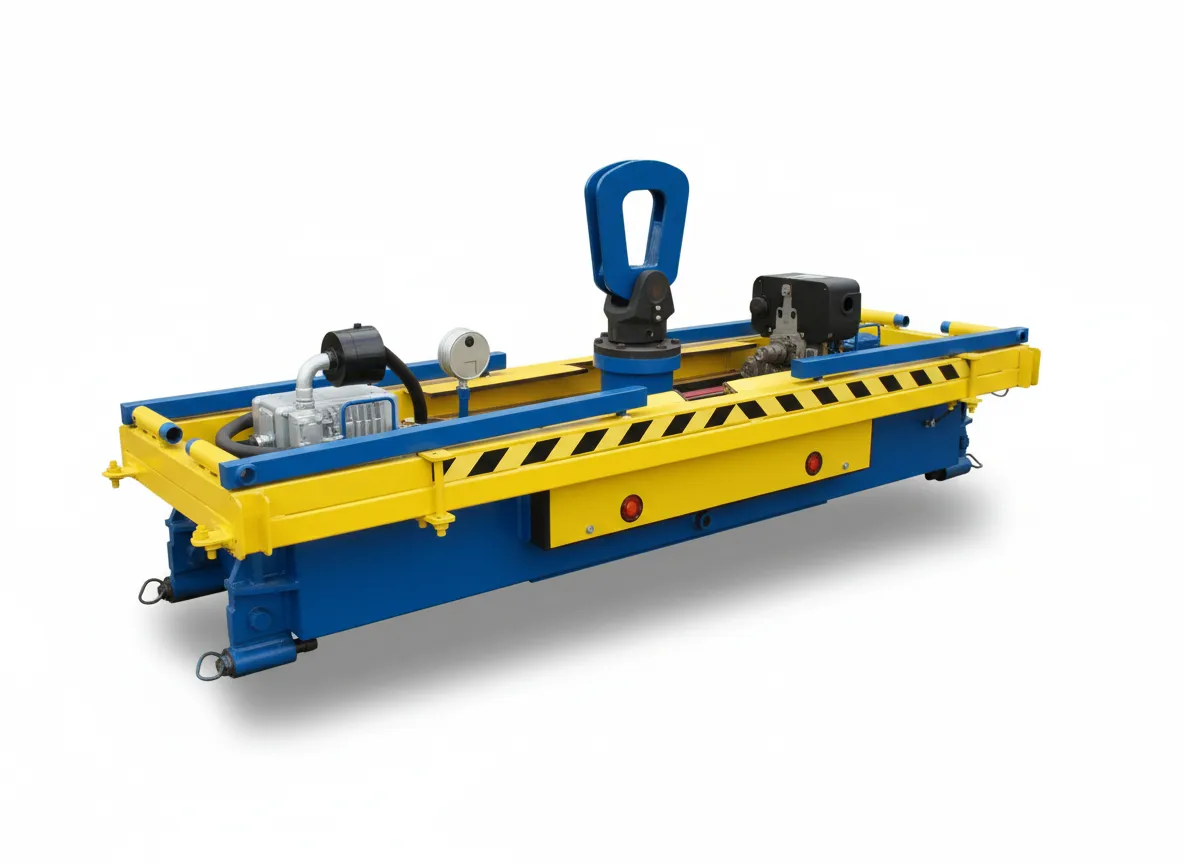 Hydraulische Hebetraverse in Blau-Gelb mit zentraler Aufhängöse als Freisteller für schwere Lasten im Anlagenbau.