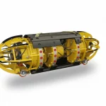 Große hydraulische Innenzentrierklemme in Gelb mit Fahrrollen und integrierter Kupfer-Badsicherung zur präzisen Ausrichtung von Rohrsegmenten als Freisteller.