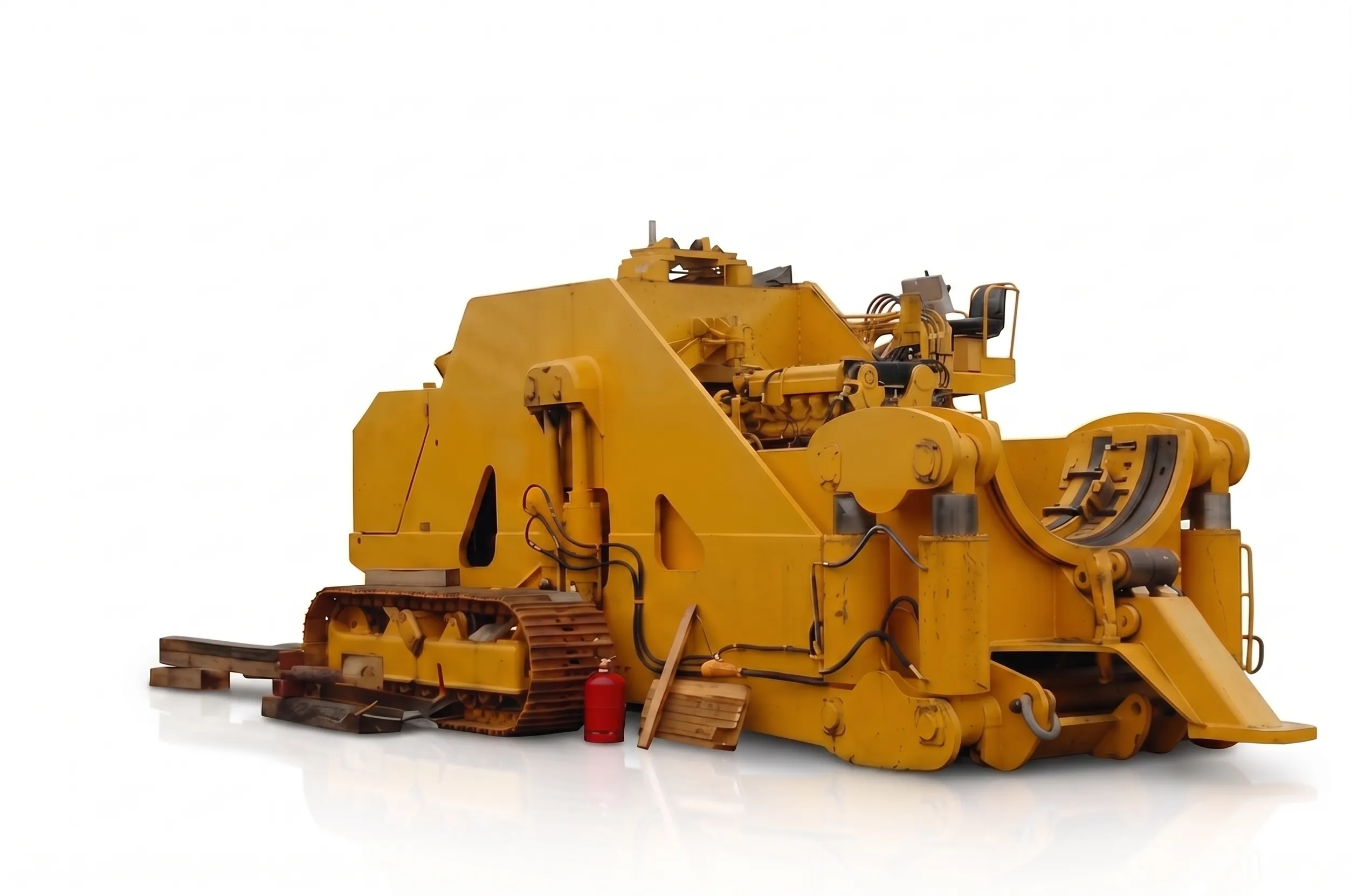 Gelbe hydraulische Rohrbiegemaschine auf Kettenlaufwerk zur präzisen Kaltverformung von Pipeline-Stahlrohren im Gelände als Freisteller.