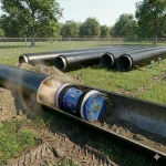 Blauer Reinigungsmolch im Einsatz bei der mechanischen Innenreinigung einer Pipeline zur Entfernung von Ablagerungen.