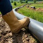 Nahaufnahme eines beigefarbenen, schlammverschmierten Sicherheitsstiefels, der auf einer grauen Pipeline steht. Der Stiefel befindet sich auf einer aufgewühlten Baustelle mit tiefen Reifenspuren im Matsch. Im Hintergrund schlängelt sich die Pipeline durch eine grüne Hügellandschaft unter strahlend blauem Himmel.