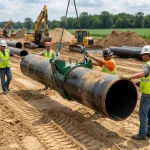 Mehrere Bauarbeiter in Warnwesten und Schutzhelmen führen ein großes, schwarzes Pipeline-Rohr, das von einer grünen Rohrhebezange an Stahlseilen in der Luft gehalten wird. Die Szene findet auf einer weitläufigen Erdbaustelle statt. Im Hintergrund sind schwere Baumaschinen wie Bagger und Planierraupen sowie Erdwälle unter einem leicht bewölkten Himmel zu sehen.