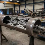 Mechanische Innenzentrierklemme mit Scherenmechanismus im Einsatz zur präzisen Fixierung und Ausrichtung von Rohrverbindungen in einer Werkstatt.