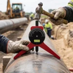 Facharbeiter nutzt ein Flanschmessgerät und einen Hammer zur exakten Markierung und Ausrichtung eines Pipeline-Rohrs auf einer Baustelle.
