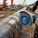 Facharbeiter reinigt eine frische Schweißnaht an einem Pipeline-Rohr mit einem Winkelschleifer und einer gezöpften Runddrahtbürste auf einer Baustelle.