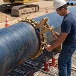 Facharbeiter montiert eine Ketten-Außenzentrierklemme an einem Pipeline-Rohr zur präzisen Ausrichtung der Schweißnaht auf einer Baustelle.