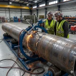 Zwei Facharbeiter überwachen eine automatisierte Rohrschneid- und Anfasmaschine bei der präzisen Bearbeitung einer Rohrverbindung in einer Industriefertigungshalle.