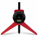 Präzisions-Flanschmessgerät (Gradmesser) in Rot mit integrierter Wasserwaage und Gradskala zur exakten Ausrichtung von Flanschen und Rohrwinkeln als Freisteller.