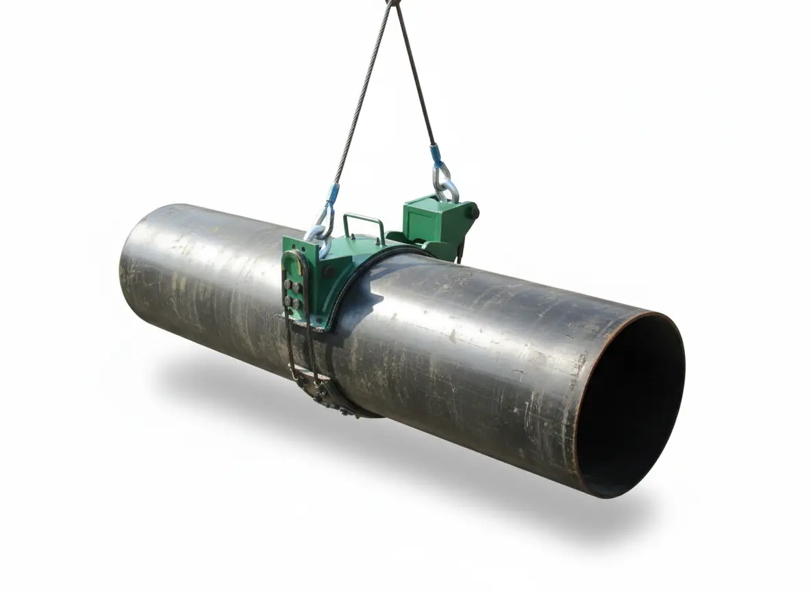 Eine freigestellte mechanische Rohrhebezange auf weißem Hintergrund, die ein großes dunkles Stahlrohr anhebt. Die Zange besteht aus einer grünen Metallkonstruktion mit Haltegriffen, die das Rohr fest umschließt. Das gesamte Hebewerkzeug ist über zwei Drahtseile mit Ösen und Schäkeln an einer (nicht sichtbaren) Krankonstruktion befestigt.