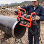 Facharbeiter bedient eine elektrische RIDGID Rohrtrennmaschine zur präzisen Bearbeitung einer Rohrkante auf einer Pipeline-Baustelle im Außenbereich.