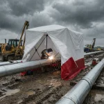 Ein großes, weiß-rotes Pop-up-Arbeitszelt auf einer schlammigen Pipeline-Baustelle bei starkem Regen. Unter dem Zelt führt ein Schweißer in Schutzausrüstung Arbeiten an einer silbernen Metallpipeline durch, wobei heller Funkenflug sichtbar ist. Im Hintergrund stehen schwere Baumaschinen wie Bagger und Planierraupen unter einem dunklen, wolkenverhangenen Gewitterhimmel.