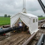 Zwei Schweißer arbeiten unter einem großen, weißen Wetterschutzzelt an einer Pipeline auf freiem Feld. Das Zelt ist mit einer Kranvorrichtung über der Rohrleitung fixiert, während es draußen regnet. Im Inneren ist heller Lichtbogen vom Schweißen sowie Funkenflug zu sehen. Das Zelt hat seitliche Fenster und eine Entlüftungsöffnung am Dach, um trotz der geschlossenen Arbeitsumgebung für Licht und Abzug zu sorgen.
