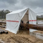 Ein weißes Pipeline-Arbeitszelt mit rot-weißem Warnstreifen steht auf einer schlammigen Baustelle bei Regen. Das Zelt ist über einer großen, rostfarbenen Metallpipeline platziert, um Schweißarbeiten vor der Witterung zu schützen. Im Hintergrund sind Bauzäune und ein bewölkter, grauer Himmel zu sehen.