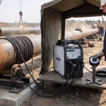 Ein Facharbeiter bedient ein professionelles EWM-Schweißgerät mit Fernregler auf einer Pipeline-Baustelle, während im Hintergrund ein Kran schwere Rohrsegmente für die Montage positioniert.